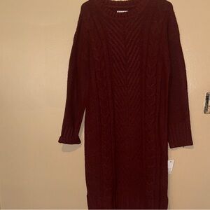 Knit Long Sleeve Sweater Dress - Deep Wine